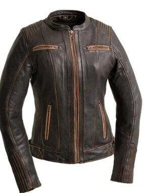 Womens Brown Leather Motorcycle Riding Jacket -NEW!